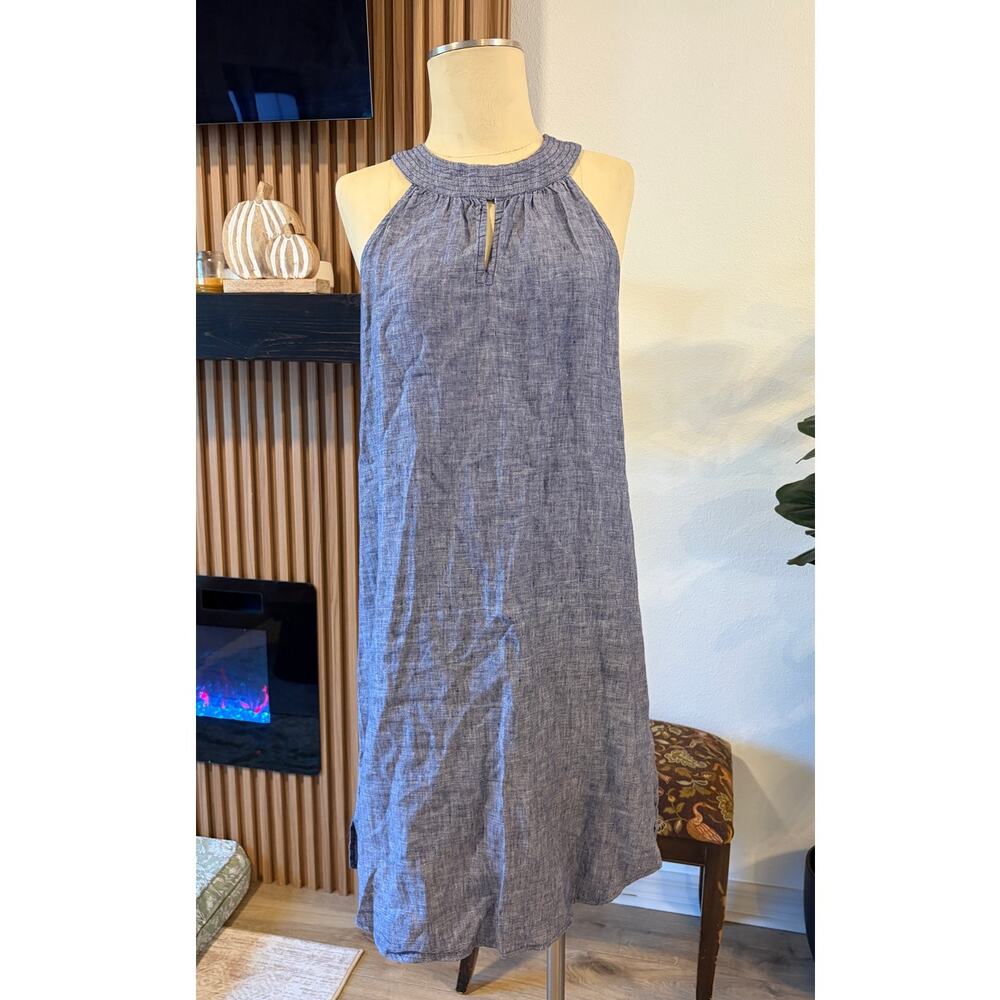 St. Tropez West 100% Linen Blue Sleeveless Midi Maxi Dress Keyhole